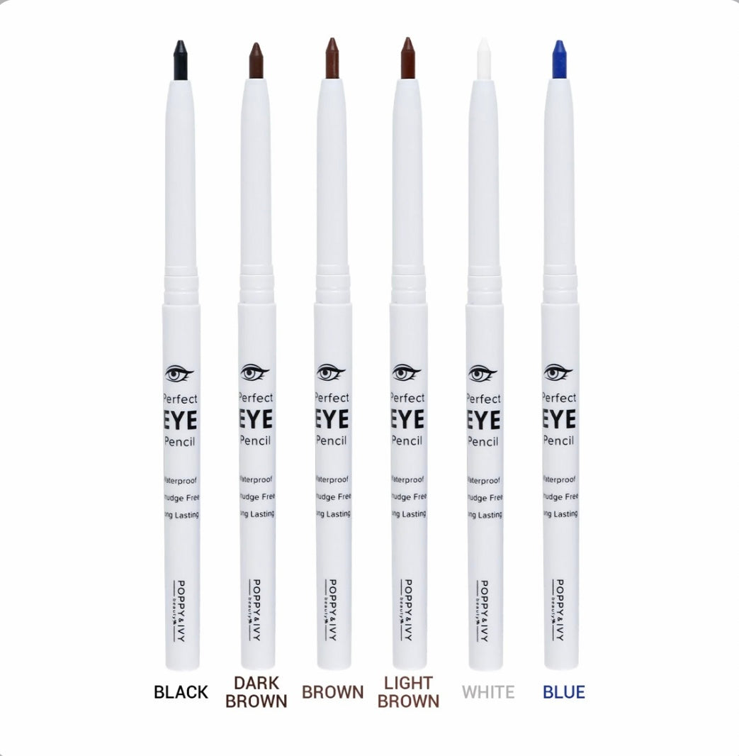 A collection of Poppy and Ivy gel eyeliner pencils in various colors such as black, dark brown, brown, light brown, white and blue.