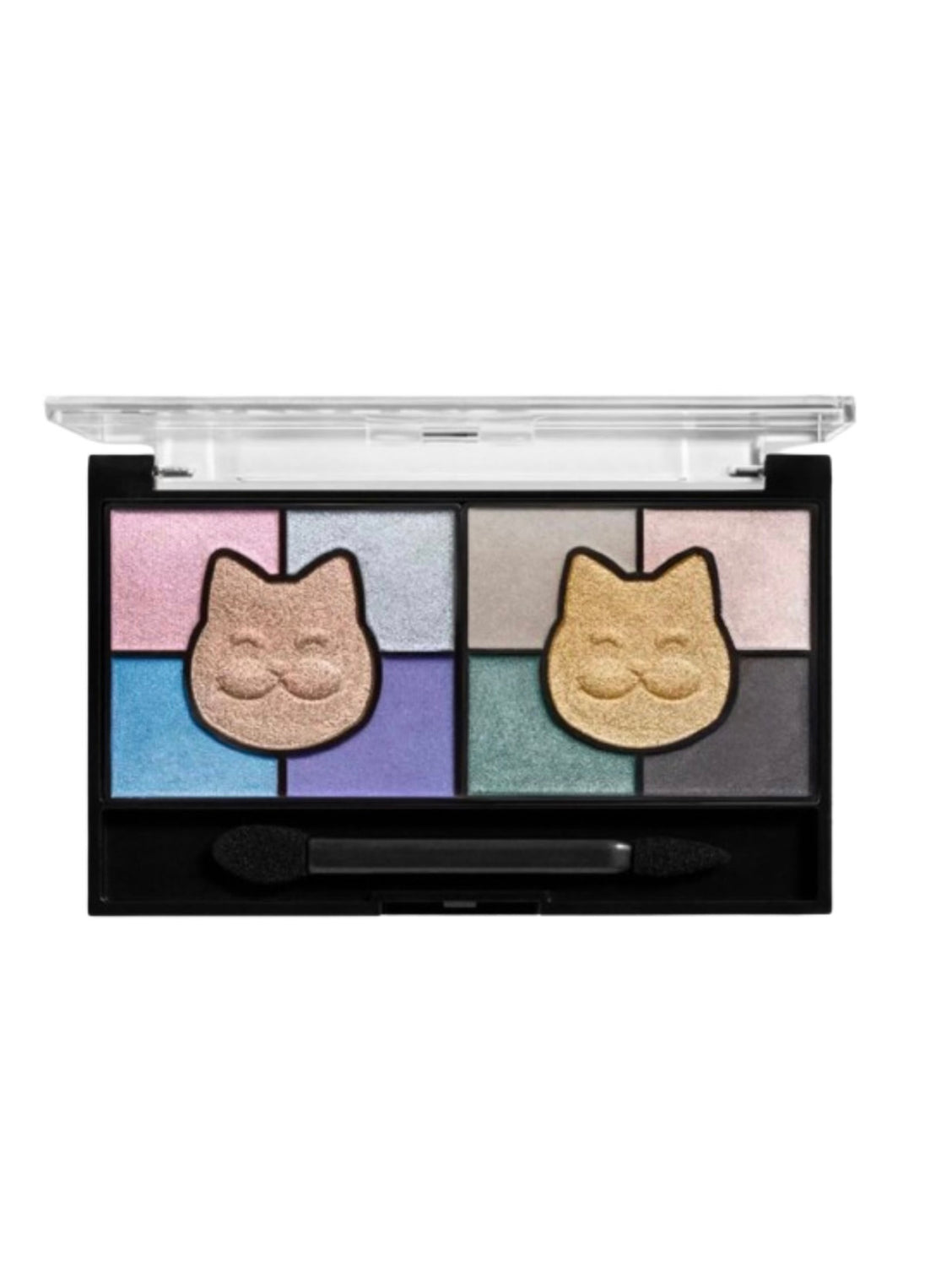 A closeup of an eyeshadow palette with eight cool shades and two cat face shades.