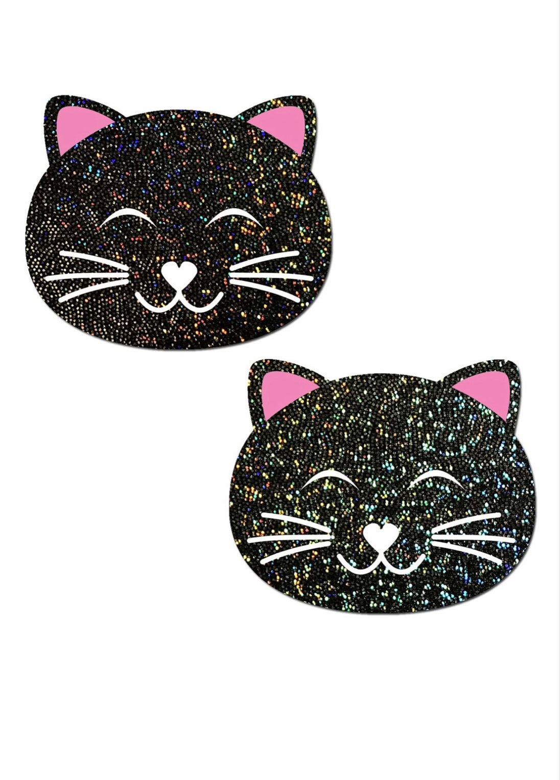 A pair of nipple pasties of a black cat with glitter and pink ears showcased on a white background.