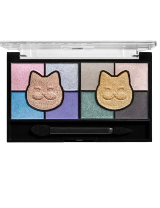 A close-up of an eyeshadow palette with eight shades and two cat face shades. Making it a ten color eyeshadow palette with colors such as baby pink, purple, sky blue, nude, yellow and more.
