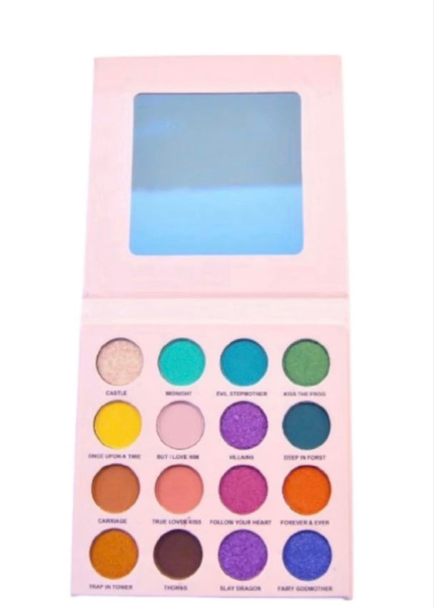 The Prolux Fairy Tale Eyeshadow Palette has sixteen shades of bold colors. All sixteen color shades come with a fairy name. The bold colors include purple, yellow gold, burnt orange, royal blue, aqua, turquoise and more.