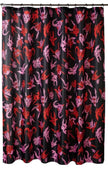 A black shower curtain with red and pink characters on it hanging from a shower rod.