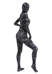 A model posing wearing a spider web full body bodysuit in black with a full head mask.