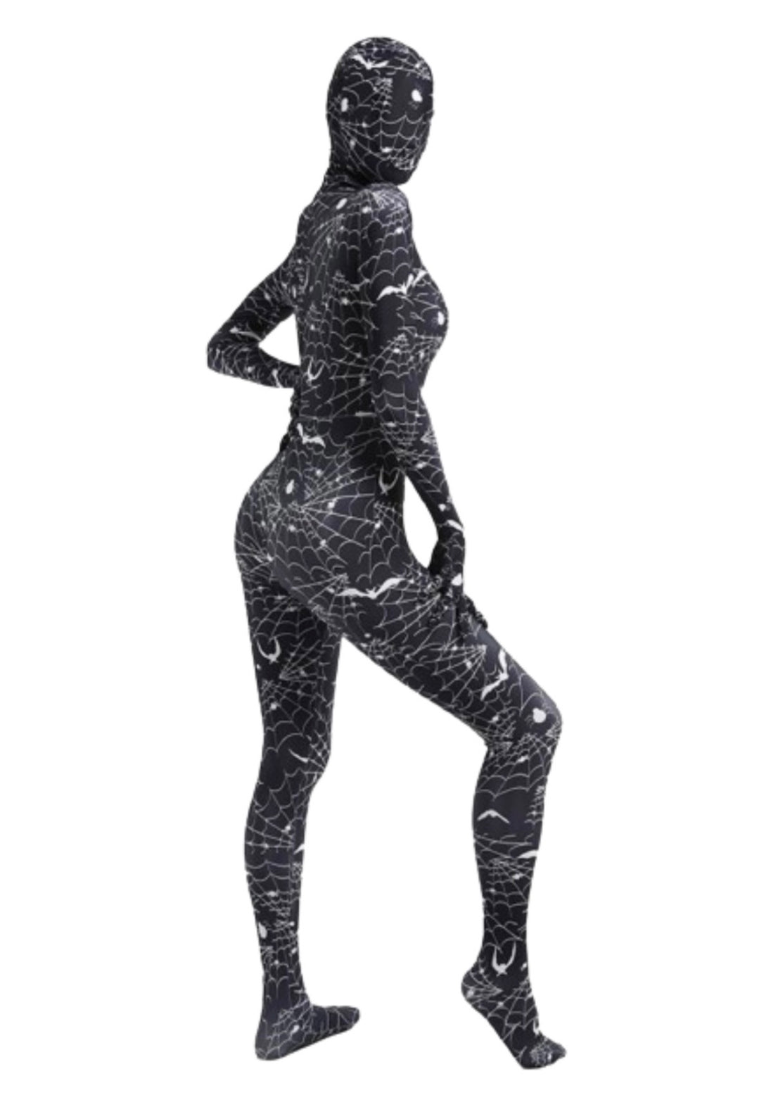 A model posing wearing a spider web full body bodysuit in black with a full head mask.