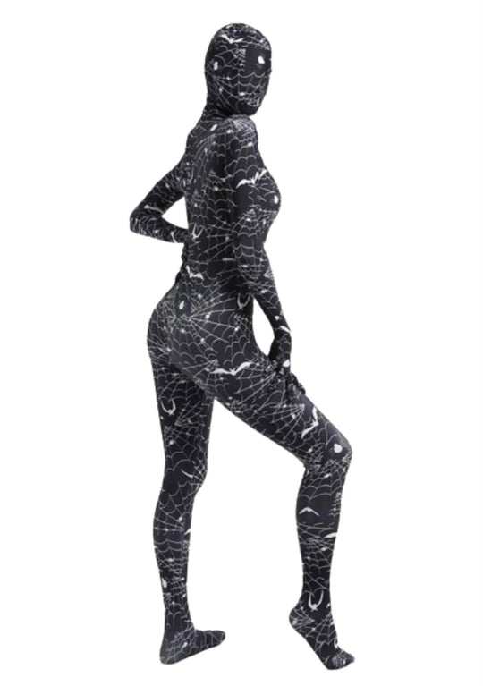 A model posing wearing a spider web full body bodysuit in black with a full head mask.