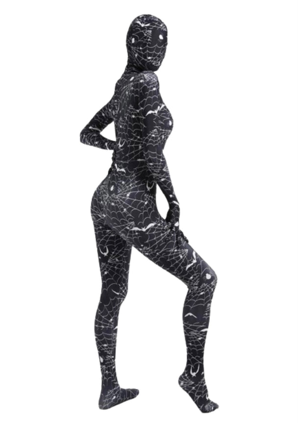 A model posing wearing a spider web full body bodysuit in black with a full head mask.