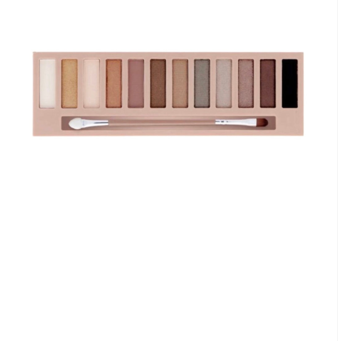 A close-up of a makeup palette with twelve different shades of nude.