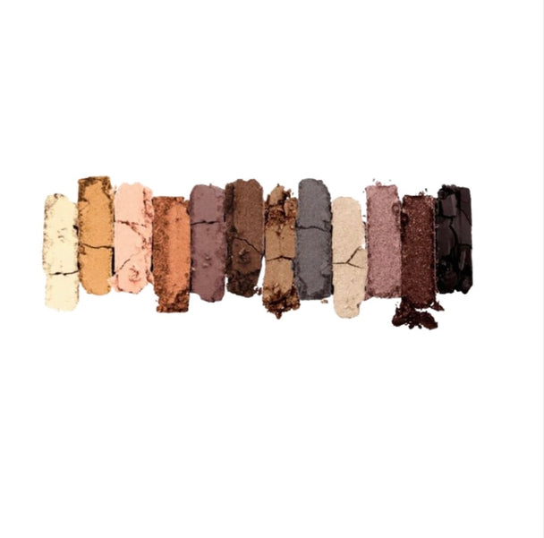 Twelve eyeshadow colors displayed on a white background.