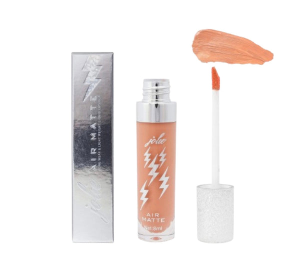 A tube of air matte liquid lipstick in the color bare with lightning bolts on it standing next to a vibrant box with lightning bolts on it.