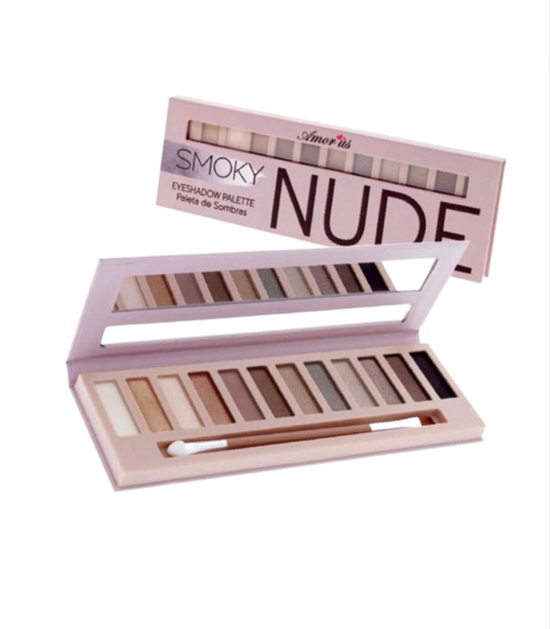 A close-up of two smoky nude makeup palettes. One palette displays the twelve different shades of nudes while the other palette box is closed. Both palettes are showcased on a white background.