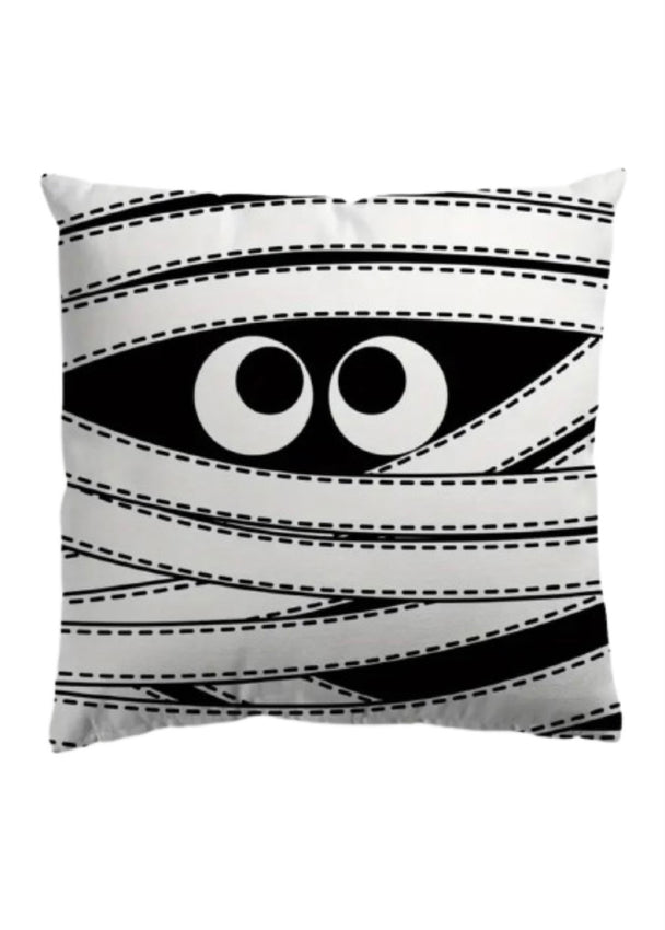 A ghost wrapped in black and white creepy bandages.