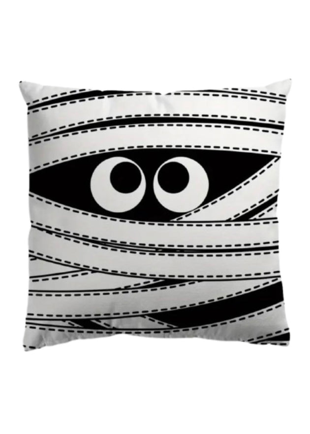 A ghost wrapped in black and white creepy bandages.
