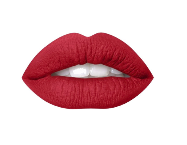 A close up of a woman's lips wearing Air Matte Liquid Lipstick in Chili Pepper.