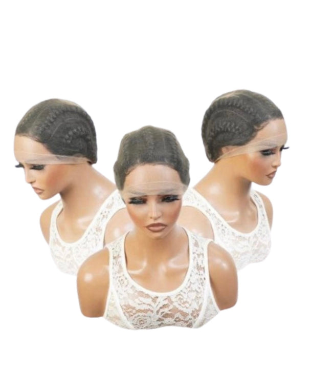 Wig caps showcased on three mannequin heads.