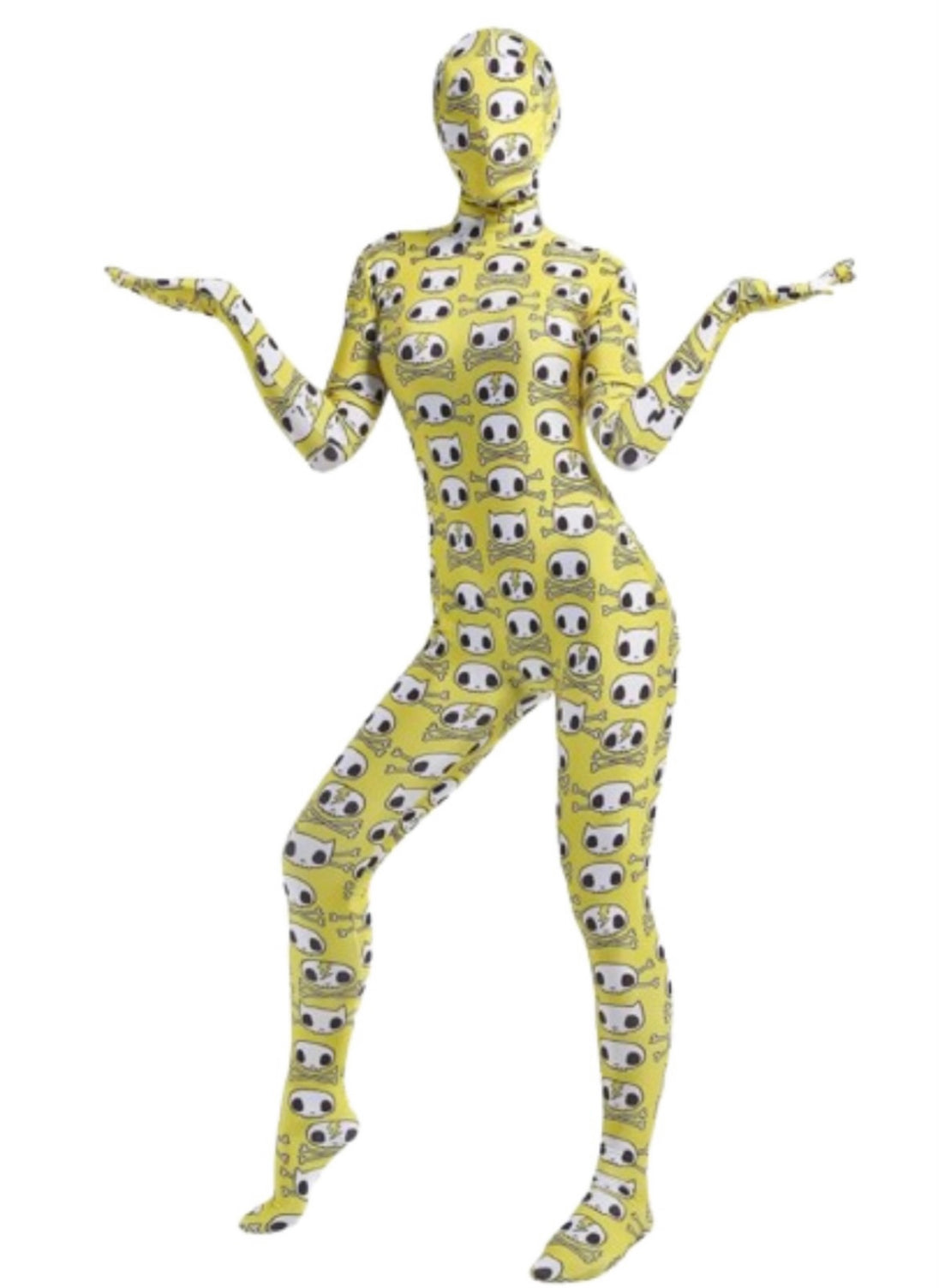 A model wearing a skeleton full body bodysuit in yellow. 
