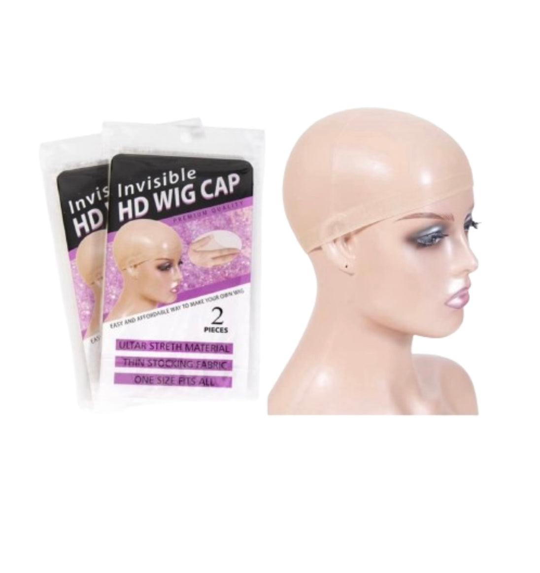 A mannequin’s head wearing a invisible wig cap.