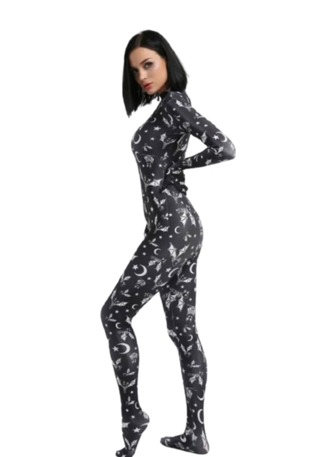A female posing sideways wearing a bats full body bodysuit in black without the full head mask.