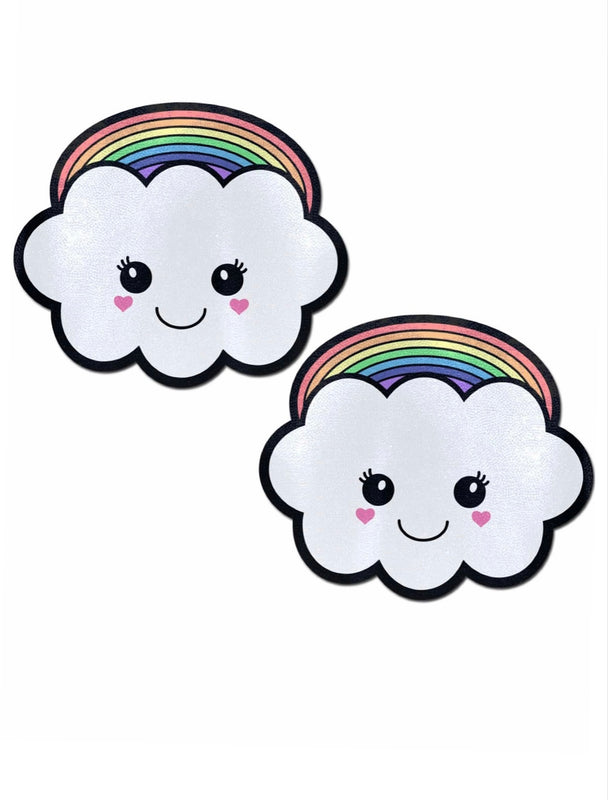 A pair of rainbow cloud nipple cover pasties.