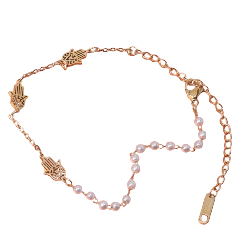 GOLD HAMSA HAND FAUX PEARL CHAIN BRACELET