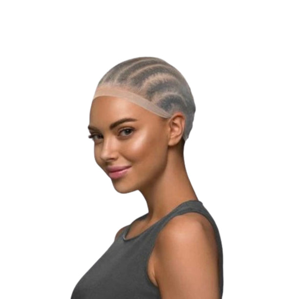 A woman wearing a wig cap.