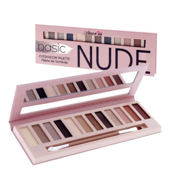 A close-up of a eyeshadow palette that contains twelve different shades of nude. The palette has colors such as beige, dark brown, burnt orange, black and many more. If you are a lover of fall, the basic nude palette is perfect for you.