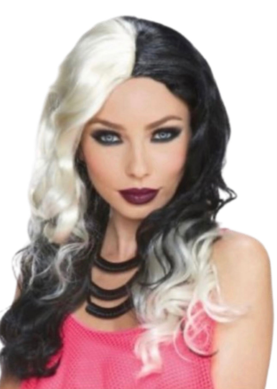 A female wearing a long curly black and white two tone wig.