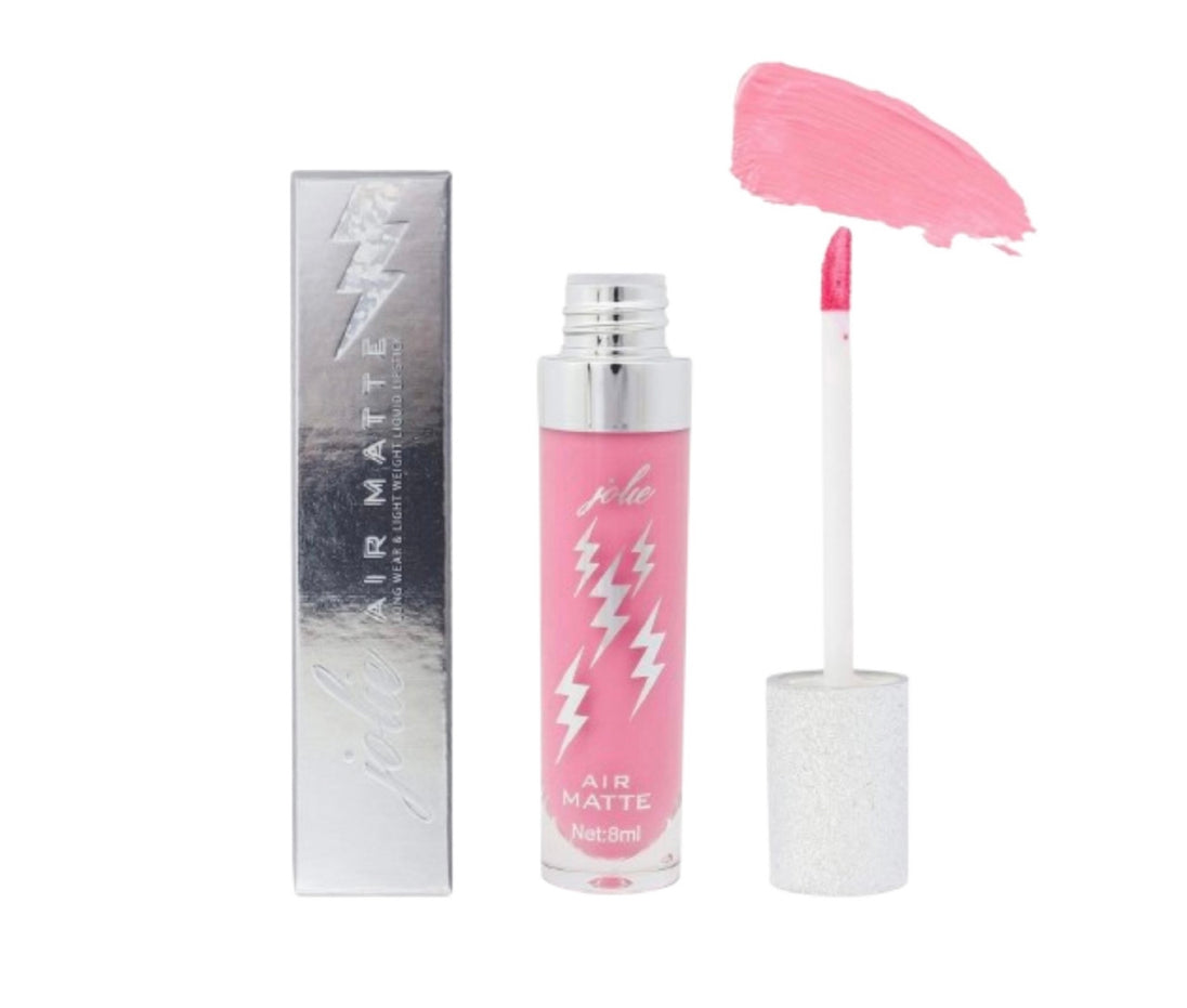 A clear tube with lightning bolts on it of the Air Matte Liquid Lipstick in the color confetti standing next to a silvery box with lightning bolts on it.