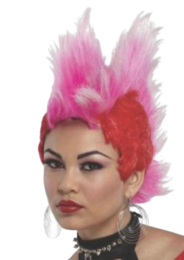 A female wearing a short red and hot pink two tone double mohawk wig.