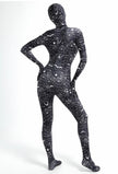 A model posing from the back wearing a spider web full body bodysuit in black and a full head mask.