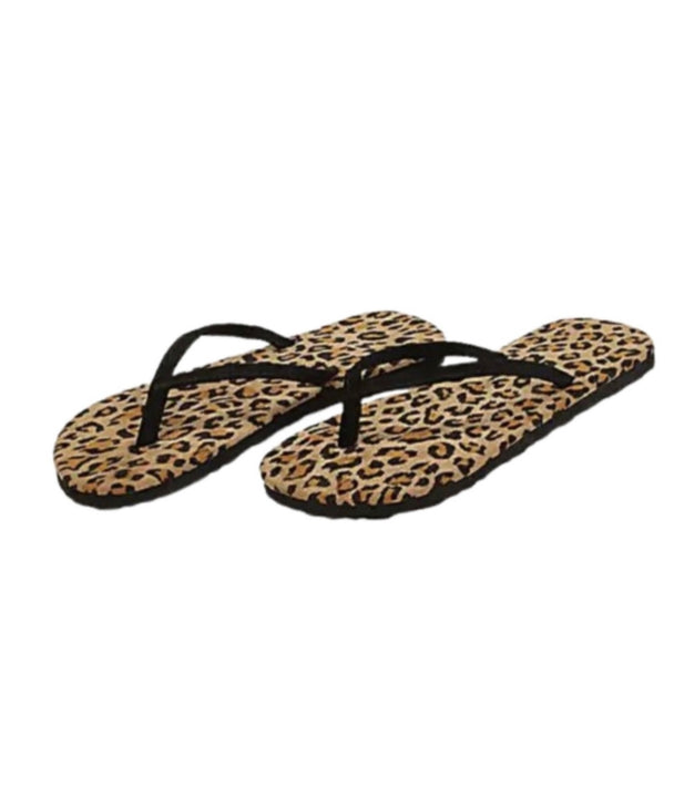 A pair of leopard patterned flip-flops. Perfect for walks on the beach and casual wear.