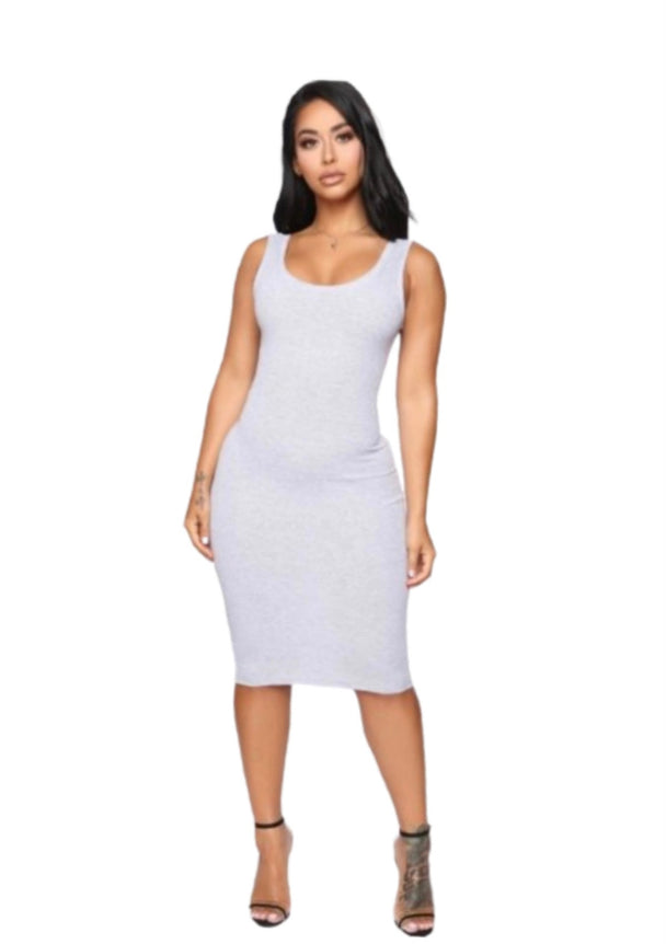 Midi dress in heather grey: A stylish and versatile garment that falls below the knee, perfect for any occasion.