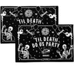 A pair of black pillowcases with white text and skeletons.