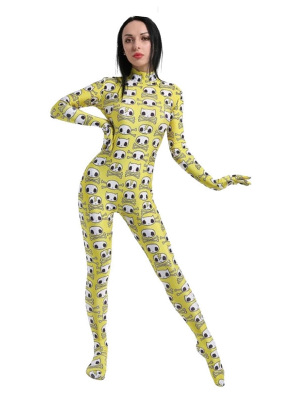 A female wearing a skeleton full body bodysuit in yellow without the head mask.