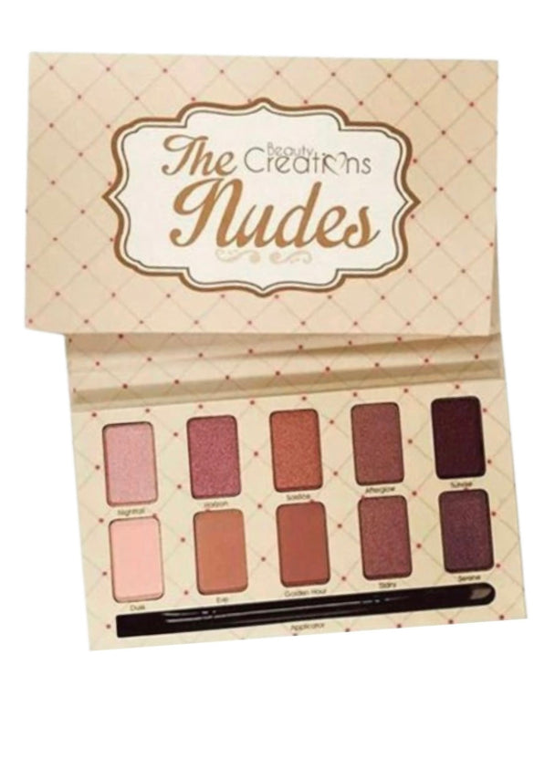 A close-up of a makeup palette with ten nude shades.