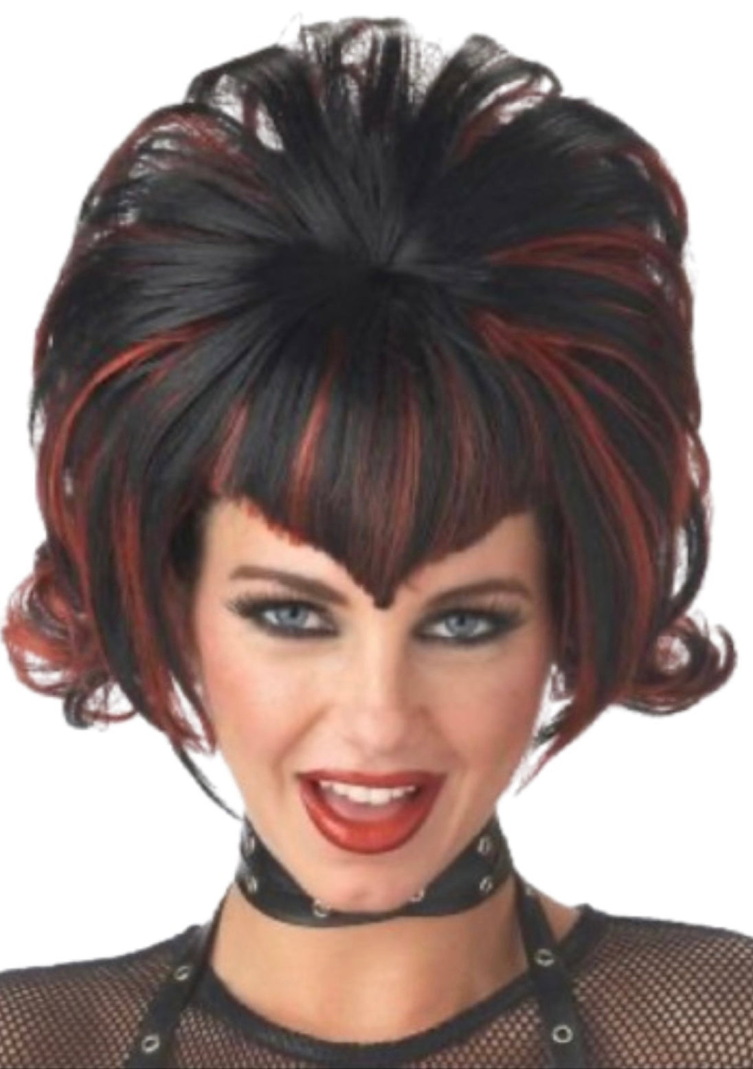 A woman posing wearing a short flip wig featuring brown and black highlights.
