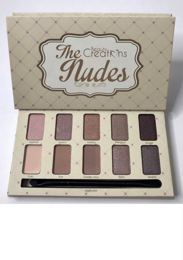 A close-up of a makeup palette with ten nude shades.