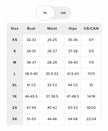 Size chart for female dress sizes in inches.