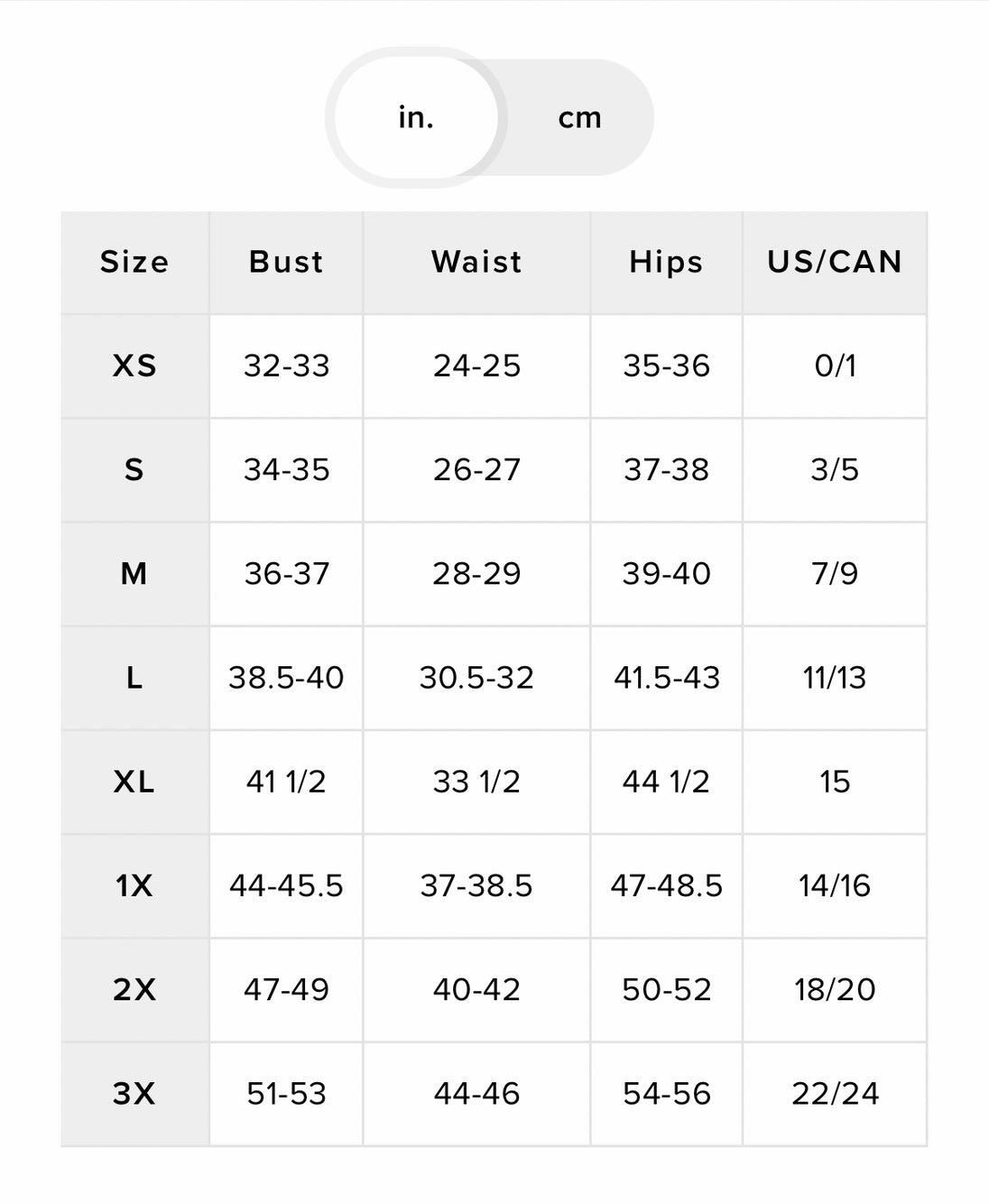 Size chart for female dress sizes in inches.