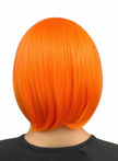 A female posing from the back wearing a orange flapper wig.