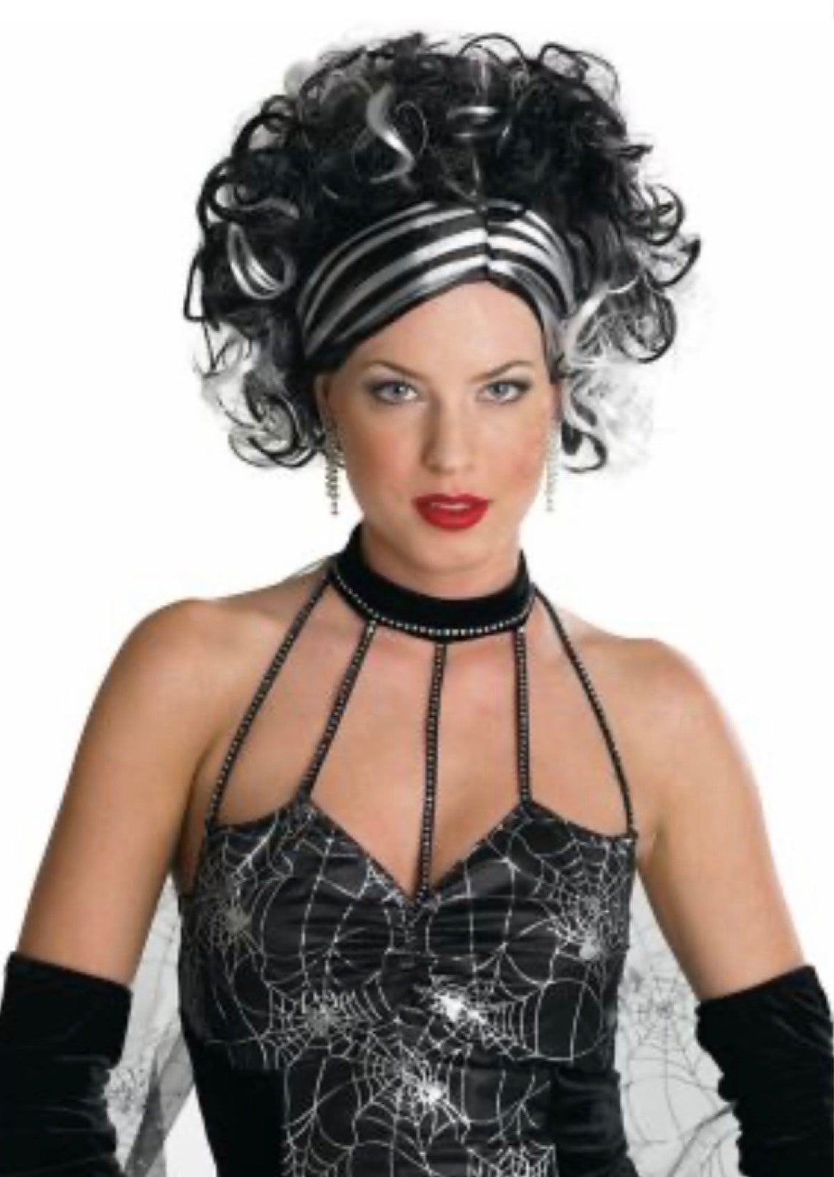 A female wearing a black and silver short curly wig.