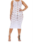 Front view of an elegant white midi dress with stretchy fabric and mesh design.