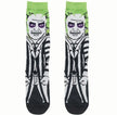 Beetle Juice Socks. Black socks with a green stripe and beetle juice pattern. Perfect for fans of the movie or insect enthusiasts.