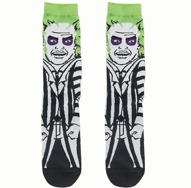 Beetle Juice Socks. Black socks with a green stripe and beetle juice pattern. Perfect for fans of the movie or insect enthusiasts.