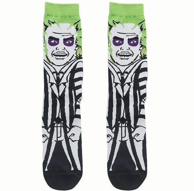 Beetle Juice Socks. Black socks with a green stripe and beetle juice pattern. Perfect for fans of the movie or insect enthusiasts.