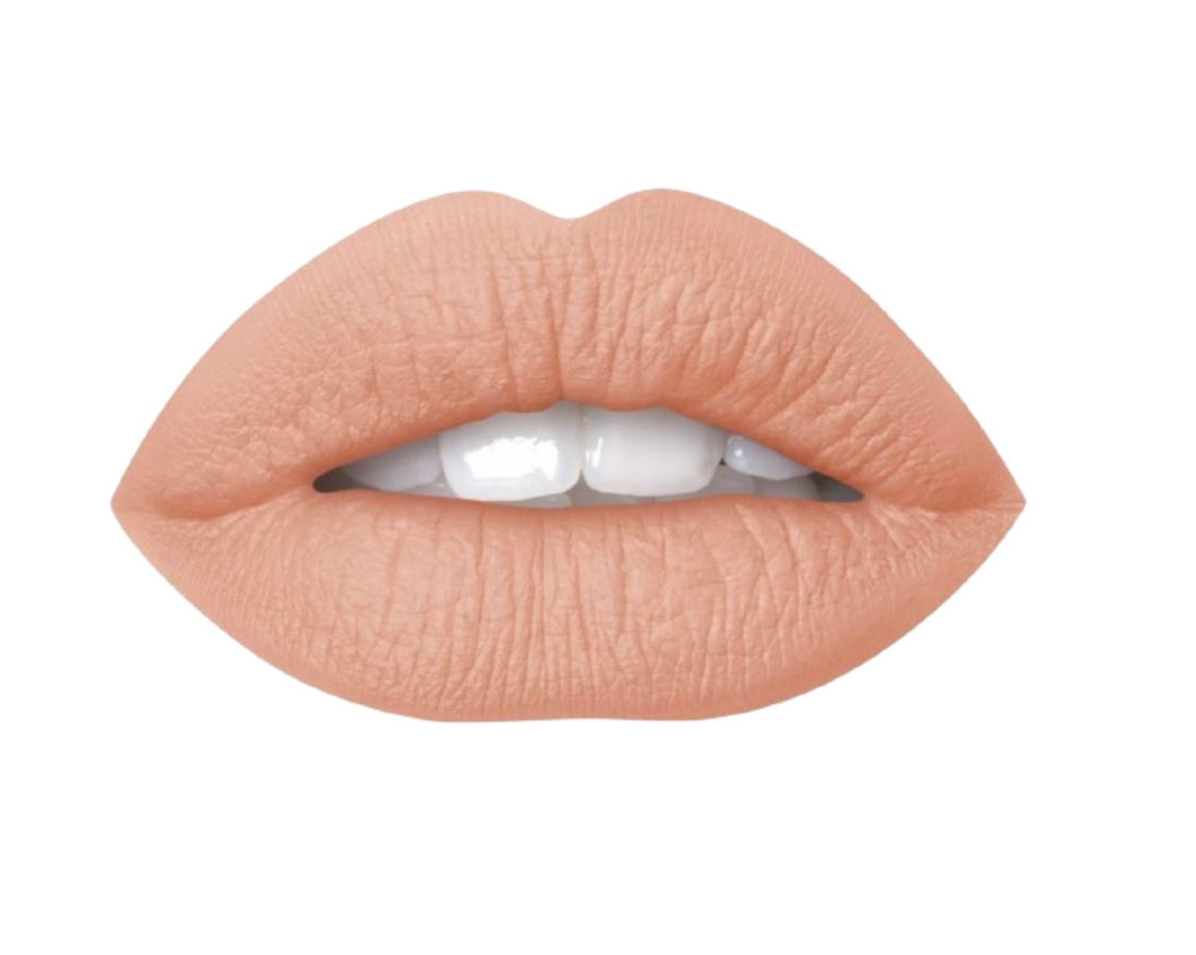 A close up of a woman's lips wearing air matte liquid lipstick in the color of bare.