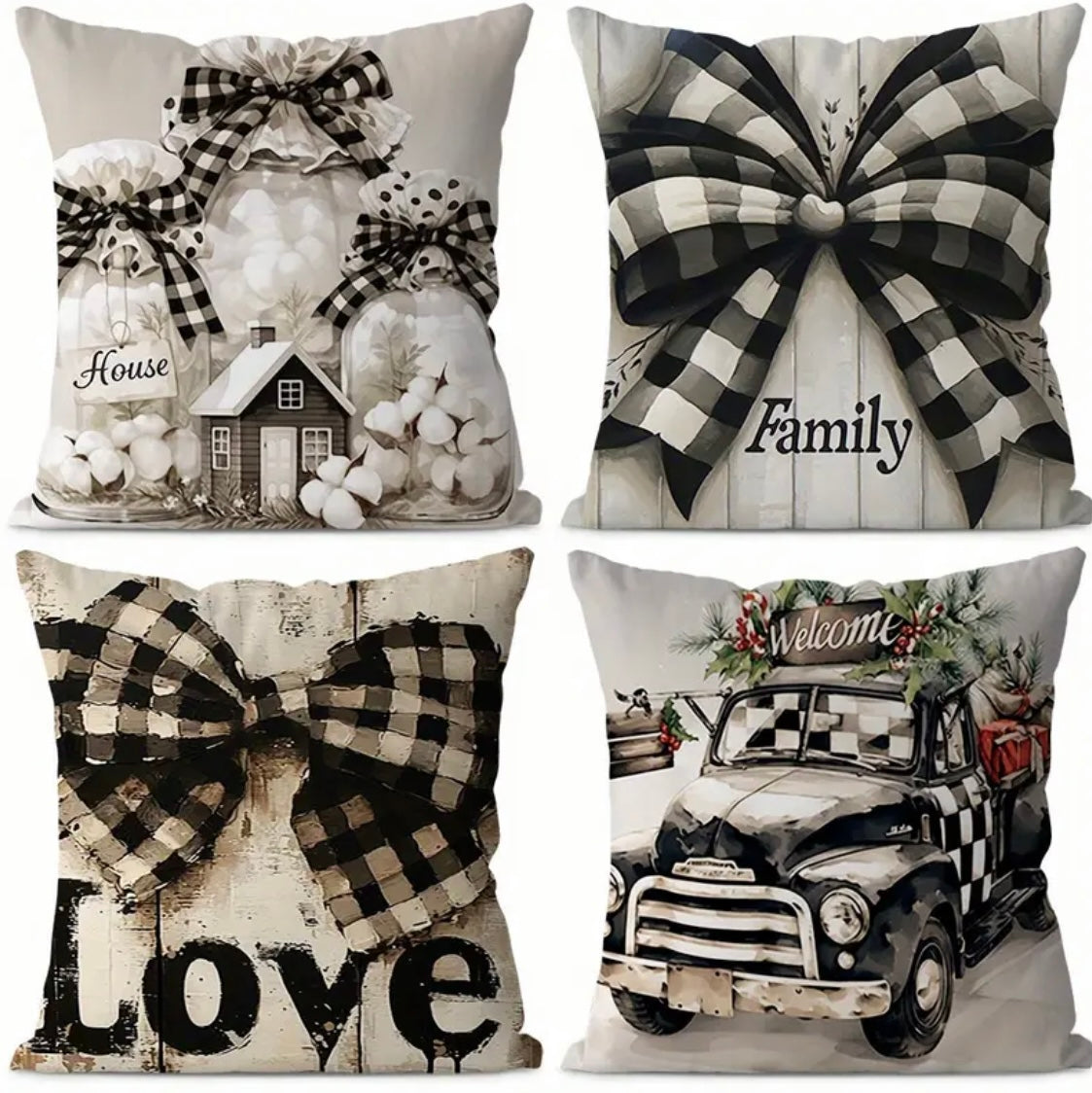 PLAID BOW WELCOME HOME FAMILY LOVE CUSHION PILLOW COVER SET
