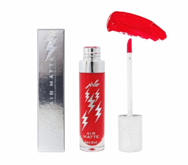 A close up of air matte liquid lipstick in heat next to a silver box with a lightning bolt on it.