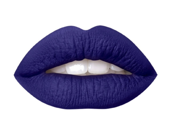 A close up of lips wearing dark blue lipstick.