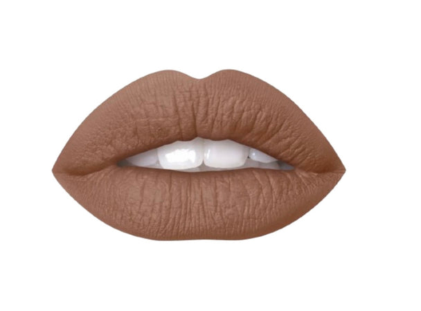 A persons lips wearing air matte liquid lipstick in the shade of mocha.