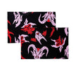 A pair of black pillowcases with pink and red characters.